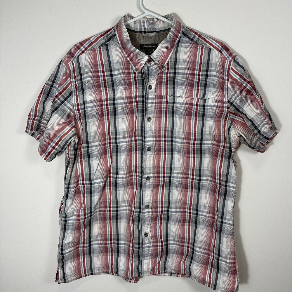Eddie Bauer Mens XL Short Sleeve Plaid Button Down Shirt Red White Blue Hiking